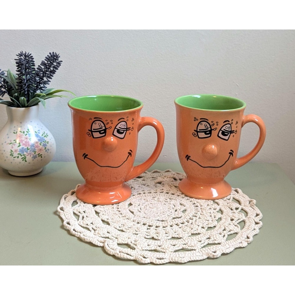 Vintage Funny Face Mug, Anthropomorphic Ceramic Coffee Cup, Orange Green Pedesta